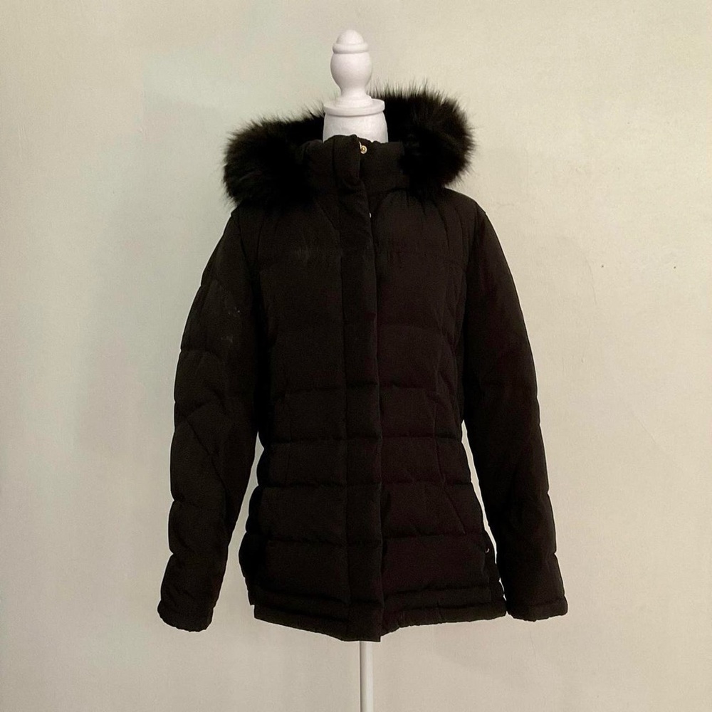 Calvin Klein Faux Fur Trim Hood Black Puffer Coat Quilted Velvet Neck Jacket